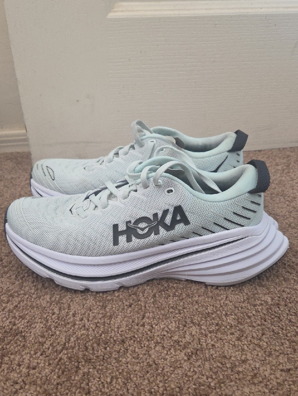 Hoka Bondi X Pale Mint and White Running Shoes